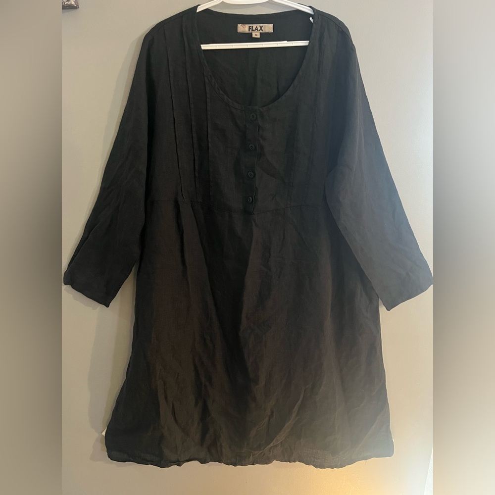 New FLAX Black Linen Maxi Dress Long Sleeve Scoop Neck Pleats & Buttons sz.10-14